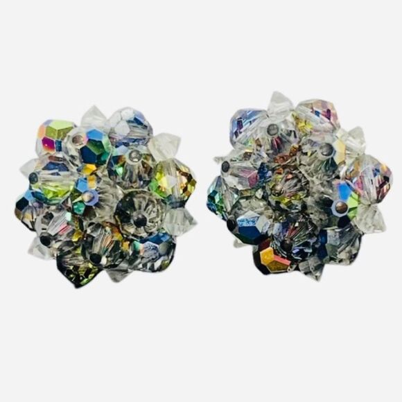 Womens Sparkly Aurora Borealis Crystal Flower Vintage Button Clip On Earrings - Picture 9 of 9